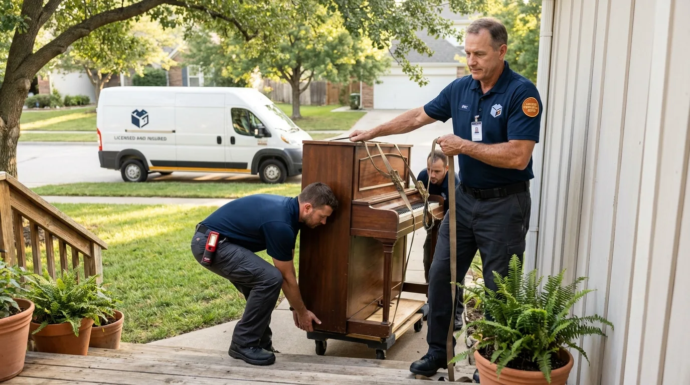 Licensed piano movers securing grand piano in Harlem, GA